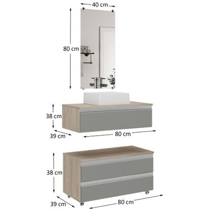 Imagem de Kit gabinete banheiro creta 80cm + cuba sobrepor + espelho madeirado/cinza