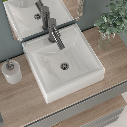 Imagem de Kit gabinete banheiro creta 80cm + cuba sobrepor + espelho madeirado/cinza