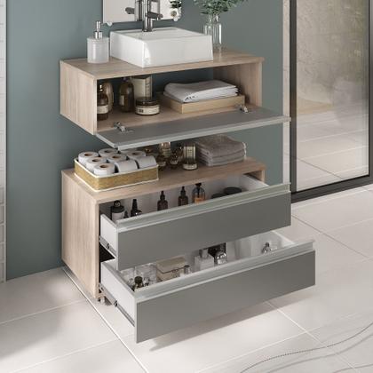 Imagem de Kit gabinete banheiro creta 80cm + cuba sobrepor + espelho madeirado/cinza