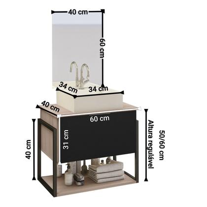 Imagem de Kit Gabinete Banheiro Industrial TECH 60cm Madeirado/ Preto (gabinete + cuba branca + espelho + ferragem)