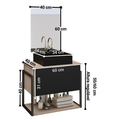 Imagem de Kit Gabinete Banheiro Industrial TECH 60cm Madeirado/ Preto (gabinete + cuba preta + espelho + ferragem)