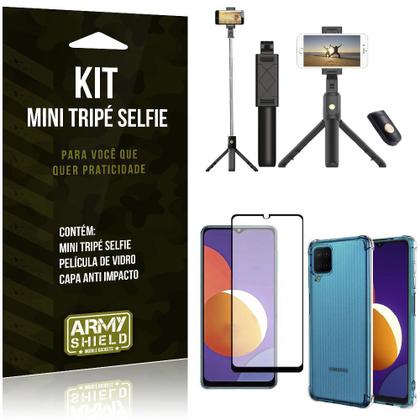 Imagem de Kit Galaxy M12 Mini Tripé Selfie Bluetooth para + Capa Anti Impacto + Película 3D - Armyshield