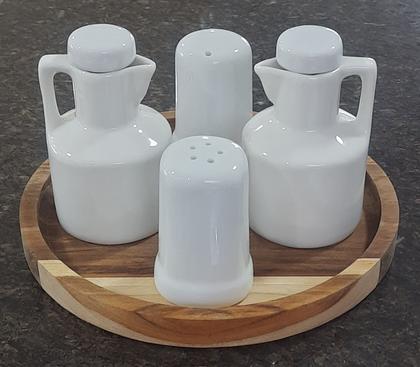 Imagem de Kit Galheteiro 5 peças Azeite, Vinagre, Sal e Paliteiro - Porcelana