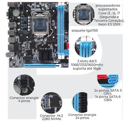 Imagem de Kit Gamer Intel I3 3220 Memória 8gb Ram Rede Gigalan Usb 3.0 Upgrade Placa Mãe B75 NVME M2