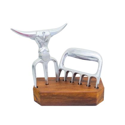 Imagem de Kit Garra De Urso e Tridente Alumínio com Base de Madeira Rústica