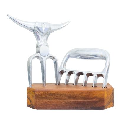 Imagem de Kit Garra De Urso e Tridente Alumínio com Base de Madeira Rústica