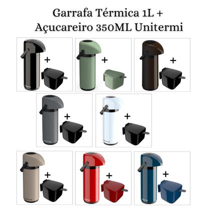 Imagem de Kit Garrafa Térmica 1 Litro Sistema Pressão Verona Açucareiro 350 ML Garrafa Alça Ampola de Vidro