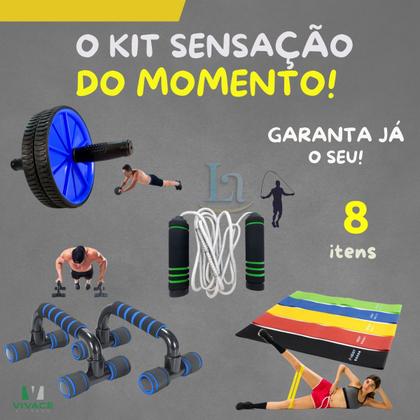 Imagem de Kit Ginastica Faixa Elástica + Barra Chão flexão + Corda + Roda Abdominal Exercício
