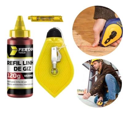 Imagem de Kit Giz De Linha 15m Marcação Com Refil + Nível P/ Gesseiro - Fertak