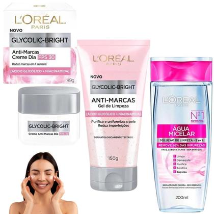 Imagem de Kit Glycolic Bright Antimarcas Gel Limpeza Creme Dia Micelar