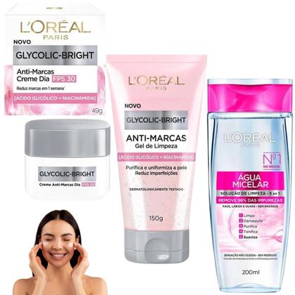 Imagem de Kit Glycolic Bright AntiMarcas Loreal Paris Gel de Limpeza Creme Dia FPS30 Hidratação Água Micelar