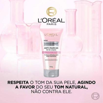 Imagem de Kit Glycolic Bright AntiMarcas Loreal Paris Gel de Limpeza Creme Dia FPS30 Hidratação Água Micelar