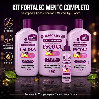 Imagem de Kit Gota Dourada Fortalecimento Cabelos Com Escova com Shampoo Condicionador Máscara 1kg e Tônico