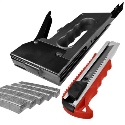 Imagem de Kit Grampeador de Tapeceiro Manual Com Grampo 8mm e Estilete Profissional