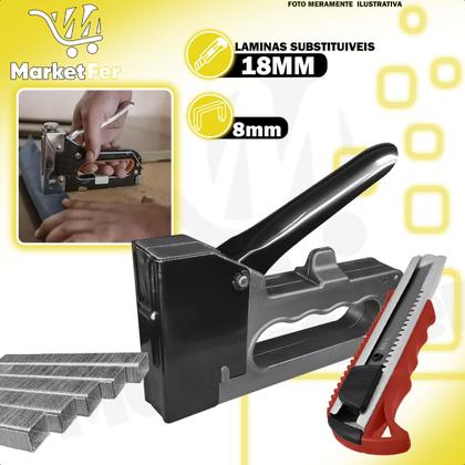 Imagem de Kit Grampeador de Tapeceiro Manual Com Grampo 8mm e Estilete Profissional