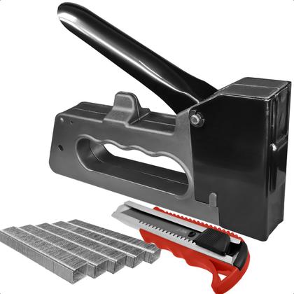 Imagem de Kit Grampeador de Tapeceiro Manual Com Grampo 8mm e Estilete Profissional