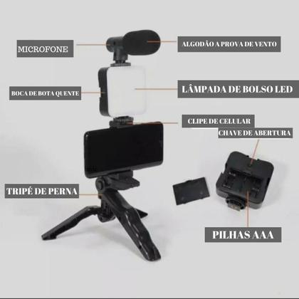 Imagem de Kit Gravação Celular Led Tripé Microfone Suporte Universal Eficiência e Qualidade