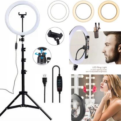 Imagem de Kit Gravação Vídeo Profissional Tripé 2M Luz Ring light Microfone Aula Home Office Conferência