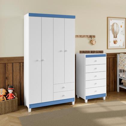 Imagem de Kit Guarda Roupa 4 Portas com Cômoda 5 Gavetas Infantil Aquarela Completo para Quarto de Bebê e Criança com Ampla Organização e Praticidade