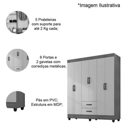 Imagem de Kit Guarda-roupa Casal 6 Portas Com Cômoda Sapateira 4 Gavetas Lisa Carvalho Oak