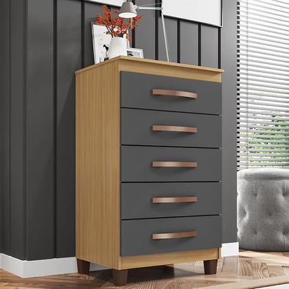 Imagem de Kit Guarda Roupa Casal 6 Portas Marselha, Cômoda 5 Gavetas Porto Belo e Multiuso Cairo Carvalho Grafite Clique Chique