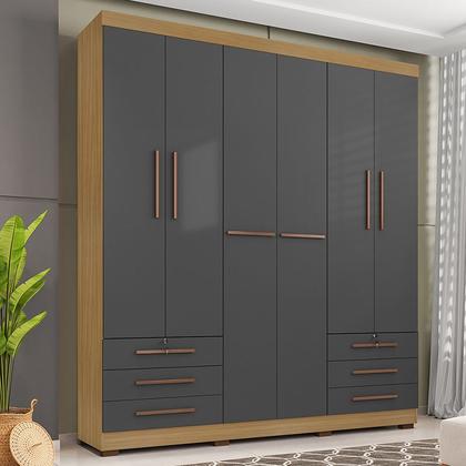 Imagem de Kit Guarda Roupa Casal 6 Portas Marselha, Cômoda 5 Gavetas Porto Belo e Multiuso Cairo Carvalho Grafite Clique Chique