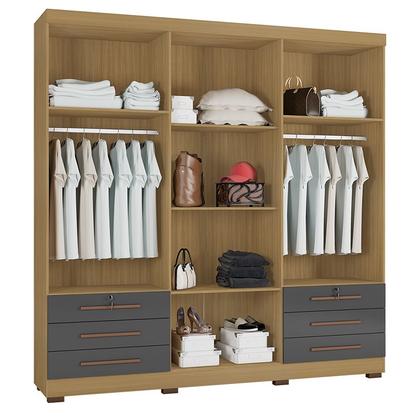 Imagem de Kit Guarda Roupa Casal 6 Portas Marselha, Cômoda 5 Gavetas Porto Belo e Multiuso Cairo Carvalho Grafite Clique Chique