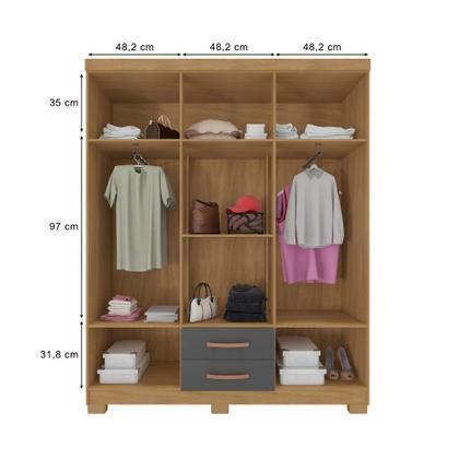 Imagem de Kit Guarda Roupa Casal Modena 6 Portas 2 Gavetas com Cômoda Sapateira 1 Porta 4 Gavetas Carvalho Grafite - Combo Stock