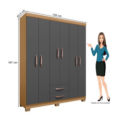 Imagem de Kit Guarda Roupa Casal Modena 6 Portas 2 Gavetas com Cômoda Sapateira 1 Porta 4 Gavetas Carvalho Grafite - Combo Stock