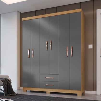 Imagem de Kit Guarda Roupa Casal Modena 6 Portas 2 Gavetas com Cômoda Sapateira 1 Porta 4 Gavetas Carvalho Grafite - Combo Stock