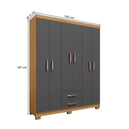 Imagem de Kit Guarda Roupa Casal Modena 6 Portas 2 Gavetas com Cômoda Sapateira 1 Porta 4 Gavetas Carvalho Grafite - Combo Stock