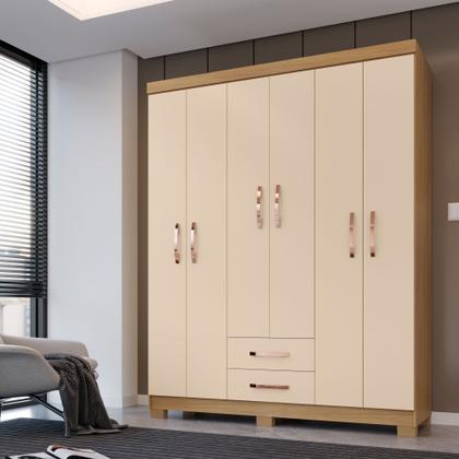 Imagem de Kit Guarda Roupa Casal Modena 6 Portas 2 Gavetas com Cômoda Sapateira 1 Porta 4 Gavetas Carvalho Off White - Combo Stock