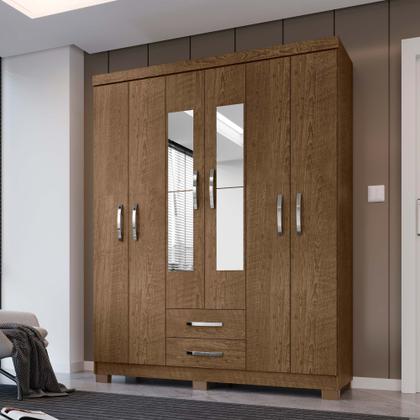 Imagem de Kit Guarda Roupa Casal Modena 6 Portas 2 Gavetas Com Espelho, Cômoda 5 Gavetas e Multiuso Egito Malbec - Combo Stock
