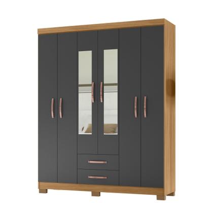 Imagem de Kit Guarda Roupa Casal Modena 6 Portas 2 Gavetas com Espelho e Cômoda Sapateira 1 Porta 4 Gavetas Carvalho Grafite - Combo Stock