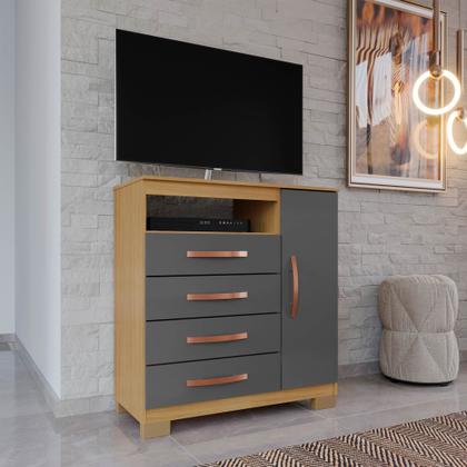 Imagem de Kit Guarda Roupa Casal Modena 6 Portas 2 Gavetas com Espelho e Cômoda Sapateira 1 Porta 4 Gavetas Carvalho Grafite - Combo Stock