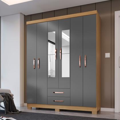 Imagem de Kit Guarda Roupa Casal Modena 6 Portas 2 Gavetas com Espelho e Cômoda Sapateira 1 Porta 4 Gavetas Carvalho Grafite - Combo Stock