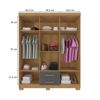 Imagem de Kit Guarda Roupa Casal Modena 6 Portas 2 Gavetas com Espelho e Cômoda Sapateira 1 Porta 4 Gavetas Carvalho Grafite - Combo Stock
