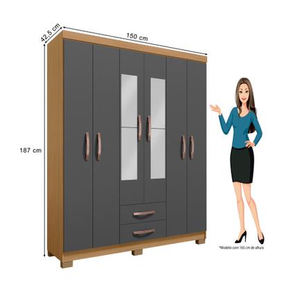 Imagem de Kit Guarda Roupa Casal Modena 6 Portas 2 Gavetas com Espelho e Cômoda Sapateira 1 Porta 4 Gavetas Carvalho Grafite - Combo Stock