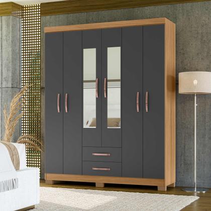 Imagem de Kit Guarda Roupa Casal Modena 6 Portas 2 Gavetas com Espelho e Cômoda Sapateira 1 Porta 4 Gavetas Carvalho Grafite - Combo Stock