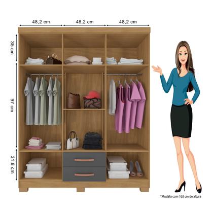 Imagem de Kit Guarda Roupa Casal Modena 6 Portas 2 Gavetas com Espelho e Cômoda Sapateira 1 Porta 4 Gavetas Carvalho Grafite - Combo Stock