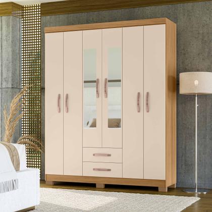 Imagem de Kit Guarda Roupa Casal Modena 6 Portas 2 Gavetas com Espelho e Cômoda Sapateira 1 Porta 4 Gavetas Carvalho Off White - Combo Stock