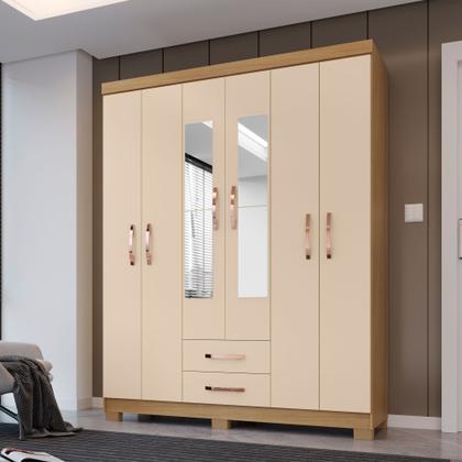 Imagem de Kit Guarda Roupa Casal Modena 6 Portas 2 Gavetas com Espelho e Cômoda Sapateira 1 Porta 4 Gavetas Carvalho Off White - Combo Stock