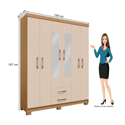Imagem de Kit Guarda Roupa Casal Modena 6 Portas 2 Gavetas com Espelho e Cômoda Sapateira 1 Porta 4 Gavetas Carvalho Off White - Combo Stock