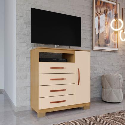 Imagem de Kit Guarda Roupa Casal Modena 6 Portas 2 Gavetas com Espelho e Cômoda Sapateira 1 Porta 4 Gavetas Carvalho Off White - Combo Stock