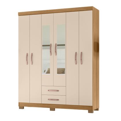 Imagem de Kit Guarda Roupa Casal Modena 6 Portas 2 Gavetas com Espelho e Cômoda Sapateira 1 Porta 4 Gavetas Carvalho Off White - Combo Stock