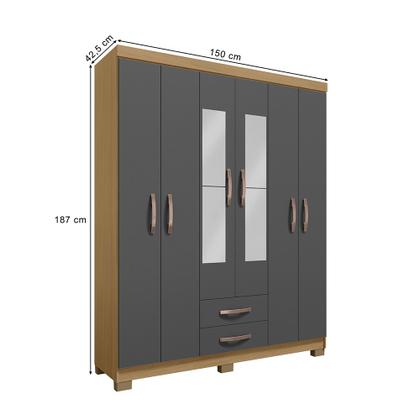 Imagem de Kit Guarda Roupa Casal Porto Belo 6 Portas 2 Gavetas Com Espelho, Cômoda 5 Gavetas Porto Belo e Multiuso Cairo Carvalho I01 Grafite Clique Chique