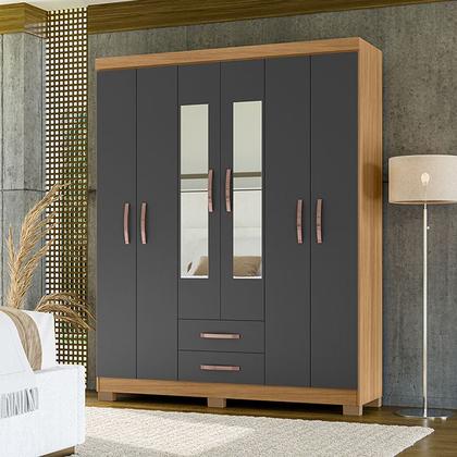 Imagem de Kit Guarda Roupa Casal Porto Belo 6 Portas 2 Gavetas Com Espelho, Cômoda 5 Gavetas Porto Belo e Multiuso Cairo Carvalho I01 Grafite Clique Chique