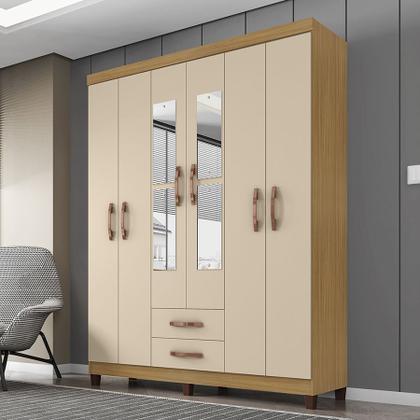 Imagem de Kit Guarda Roupa Casal Porto Belo 6 Portas 2 Gavetas Com Espelho, Cômoda 5 Gavetas Porto Belo e Multiuso Cairo I01 Carvalho Off White Clique Chique
