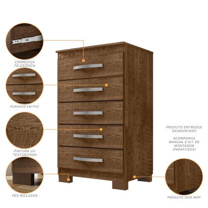 Imagem de Kit Guarda Roupa Casal Porto Belo 6 Portas 2 Gavetas Com Espelho e Cômoda 5 Gavetas Porto Belo Malbec Clique Chique