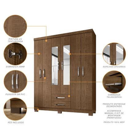 Imagem de Kit Guarda Roupa Casal Porto Belo 6 Portas 2 Gavetas Com Espelho e Cômoda 5 Gavetas Porto Belo Malbec Clique Chique